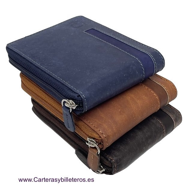 MEN'S ZIPPERED WALLET IN WAXED LEATHER WITH COIN PURSE WILDZONE 