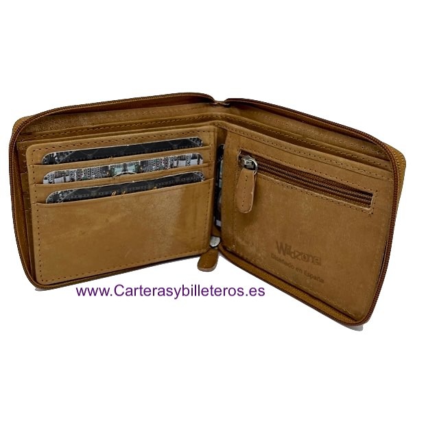 MEN'S ZIPPERED WALLET IN WAXED LEATHER WITH COIN PURSE WILDZONE 