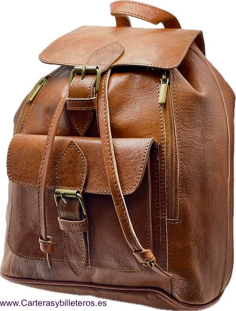 NEPAL LEATHER MEDIUM BACKSACK WITH FIVE POCKETS, ADJUSTABLE STRAPS AND HANDLE 