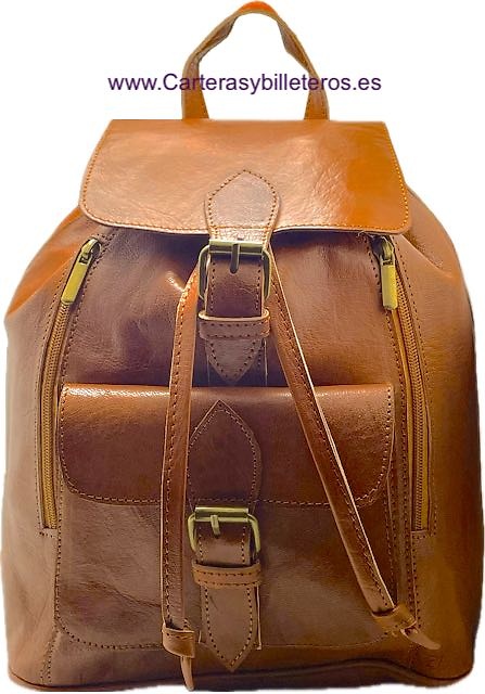 NEPAL LEATHER MEDIUM BACKSACK WITH FIVE POCKETS, ADJUSTABLE STRAPS AND HANDLE 