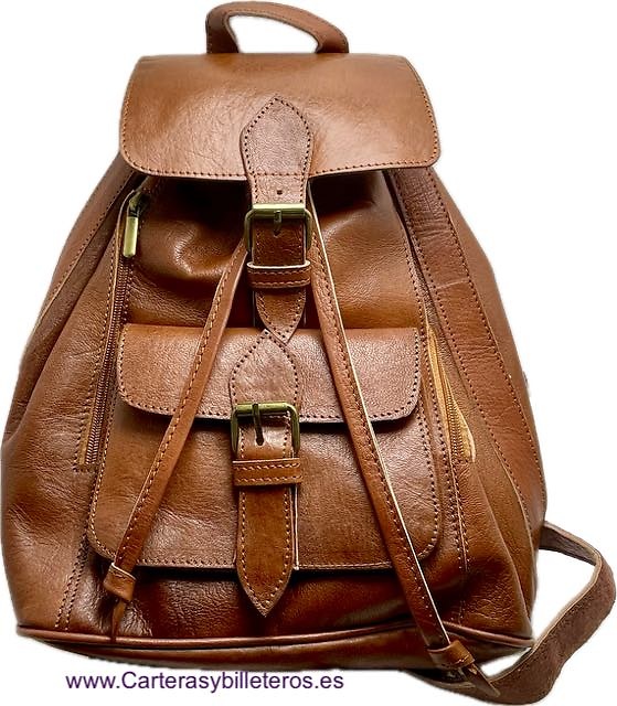 NEPAL LEATHER MEDIUM BACKSACK WITH FIVE POCKETS, ADJUSTABLE STRAPS AND HANDLE 