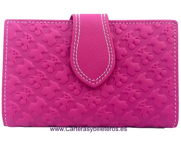 PINK WOMEN'S LEATHER WALLET UBRIQUE BEAR DECORATION 