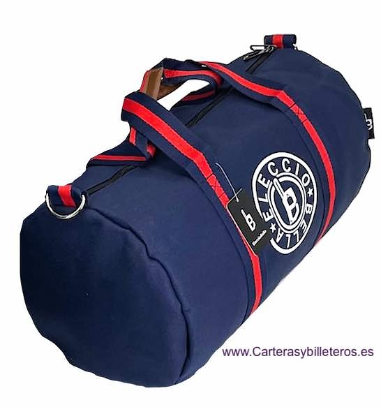 ROUND CANVAS TRAVEL OR SPORTS BAG WITH HANDLES AND MEDIUM-SIZED SHOULDER STRAP 