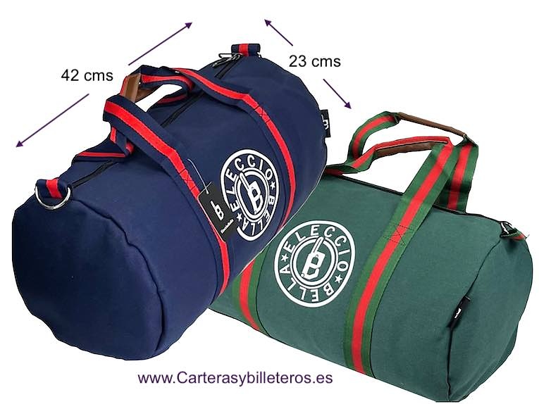 ROUND CANVAS TRAVEL OR SPORTS BAG WITH HANDLES AND MEDIUM-SIZED SHOULDER STRAP 