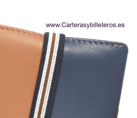 CARTERA PEQUEÑA DE PIEL CON ELÁSTICO Y CON MONEDERO PARA 7 TARJETAS -2 colores- CUERO Y AZUL MARINO 