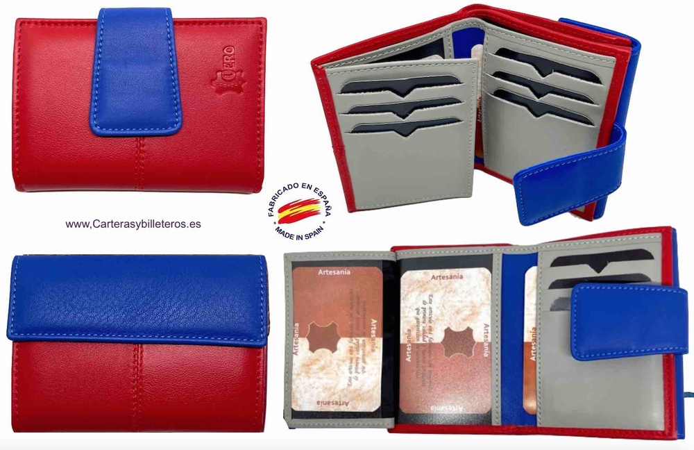 SMALL WOMEN'S WALLET IN RED AND INTENSE BLUE UBRIQUE LEATHER 