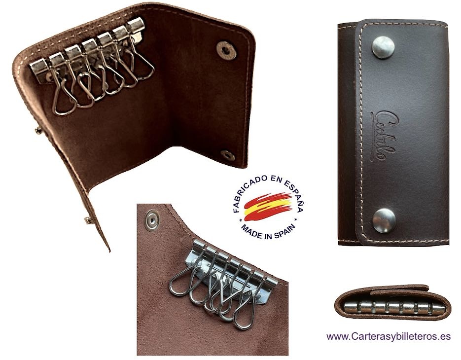 UBRIQUE LEATHER KEYRING WITH 6 CUBILO BRAND CARABINERS 