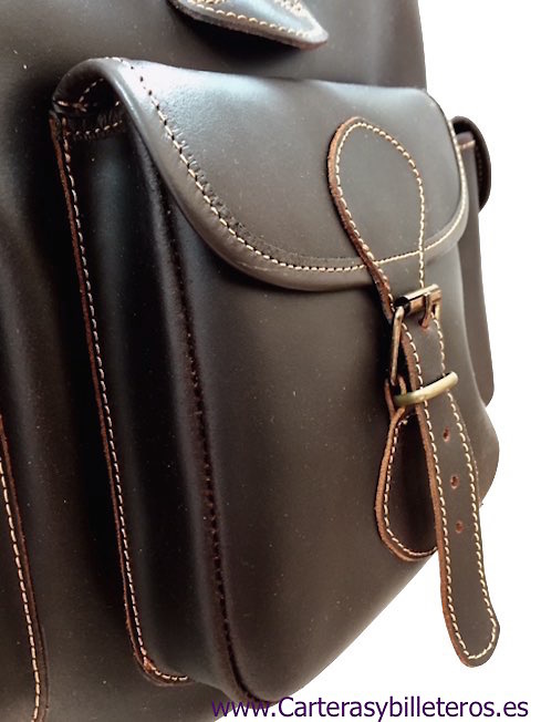 VERY LARGE LEATHER BACKPACK WITH 4 POCKETS MADE IN SPAIN OF ARTISANAL SHAPE AND CLOSURE BELTS IN POCKETS 