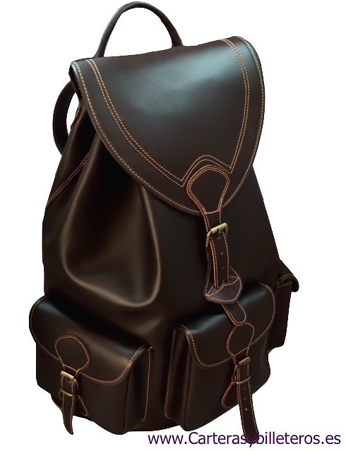 VERY LARGE LEATHER BACKPACK WITH 4 POCKETS MADE IN SPAIN OF ARTISANAL SHAPE AND CLOSURE BELTS IN POCKETS 