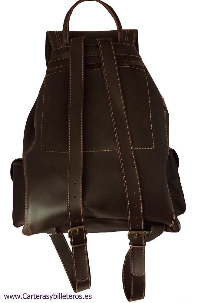 VERY LARGE LEATHER BACKPACK WITH 4 POCKETS MADE IN SPAIN OF ARTISANAL SHAPE AND CLOSURE BELTS IN POCKETS 