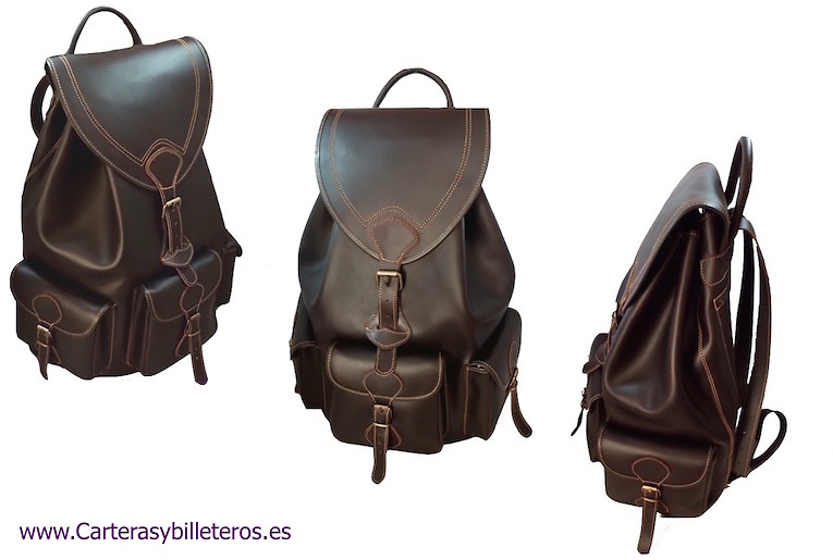 VERY LARGE LEATHER BACKPACK WITH 4 POCKETS MADE IN SPAIN OF ARTISANAL SHAPE AND CLOSURE BELTS IN POCKETS 