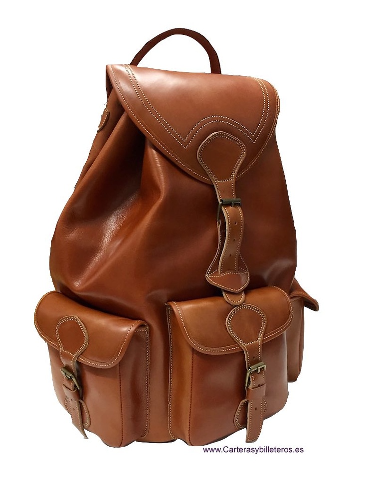 VERY LARGE LUXURY LEATHER BACKPACK WITH 4 POCKETS MADE IN SPAIN OF ARTISANAL SHAPE AND CLOSURE BELTS IN POCKETS 