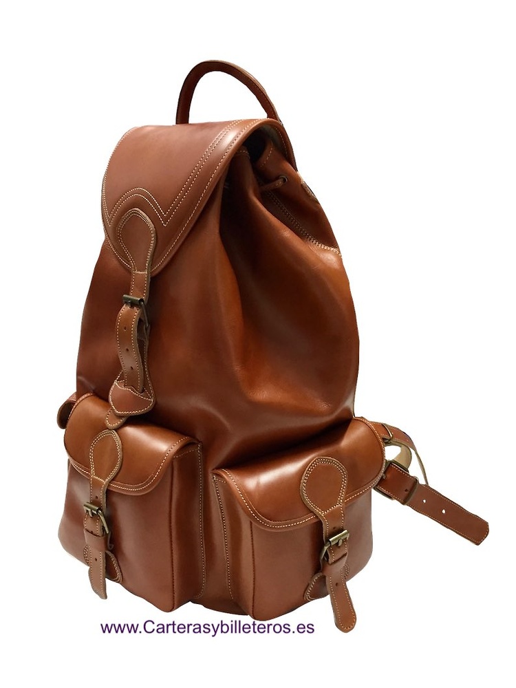 VERY LARGE LUXURY LEATHER BACKPACK WITH 4 POCKETS MADE IN SPAIN OF ARTISANAL SHAPE AND CLOSURE BELTS IN POCKETS 