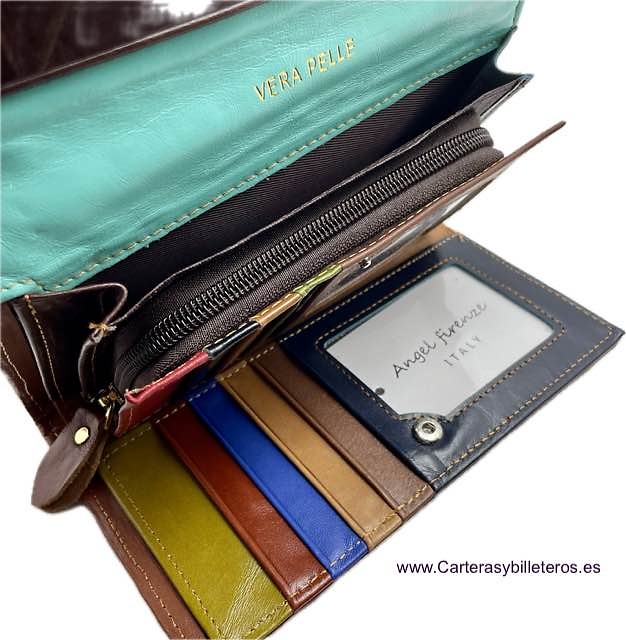 VERY LARGE WOMEN'S WALLET WITH CARD HOLDER WALLET IN COLOURED LEATHER STRAPS 