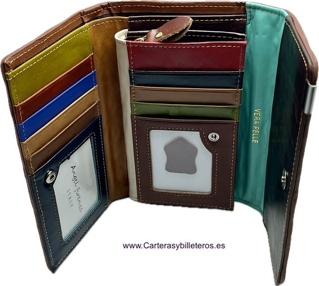 VERY LARGE WOMEN'S WALLET WITH CARD HOLDER WALLET IN COLOURED LEATHER STRAPS 