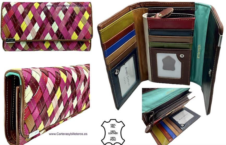 VERY LARGE WOMEN'S WALLET WITH CARD HOLDER WALLET IN COLOURED LEATHER STRAPS 