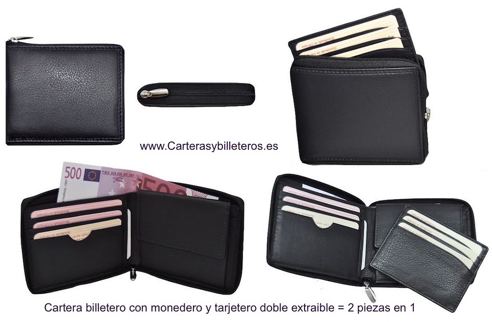 WALLET WITH PERIMETER ZIPPER + CARD HOLDER = 2 PIECES OF LEATHER MADE IN SPAIN - 