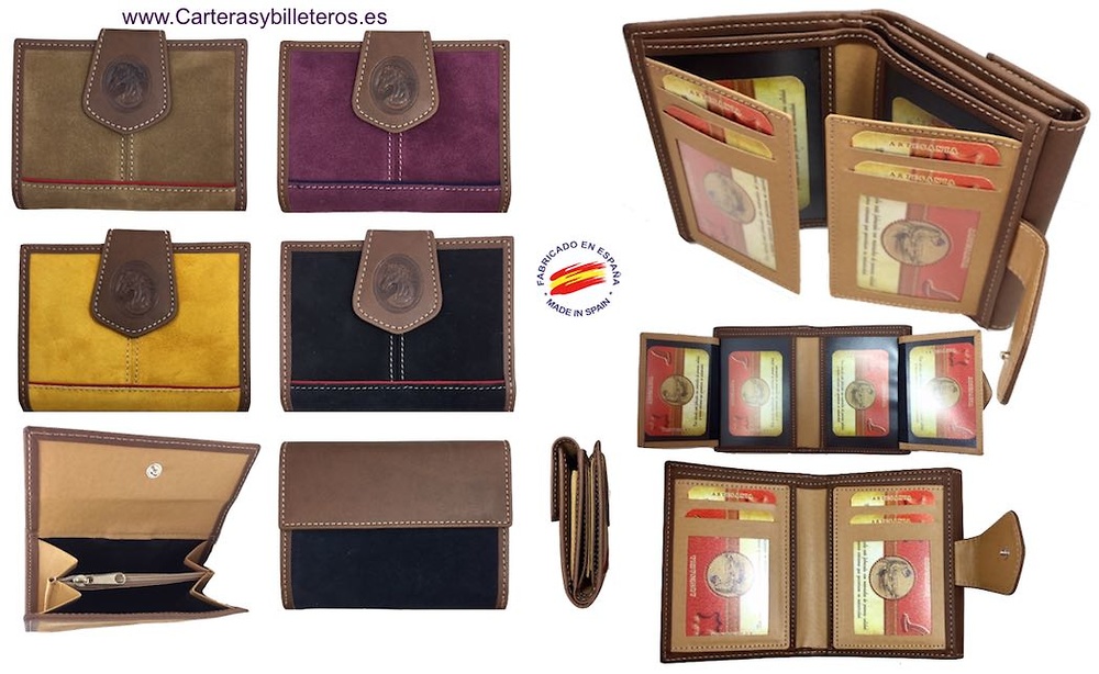 WOMAN'S LEATHER WALLET WITH SUEDE LEATHER MADE IN SPAIN -9 COLORS- 