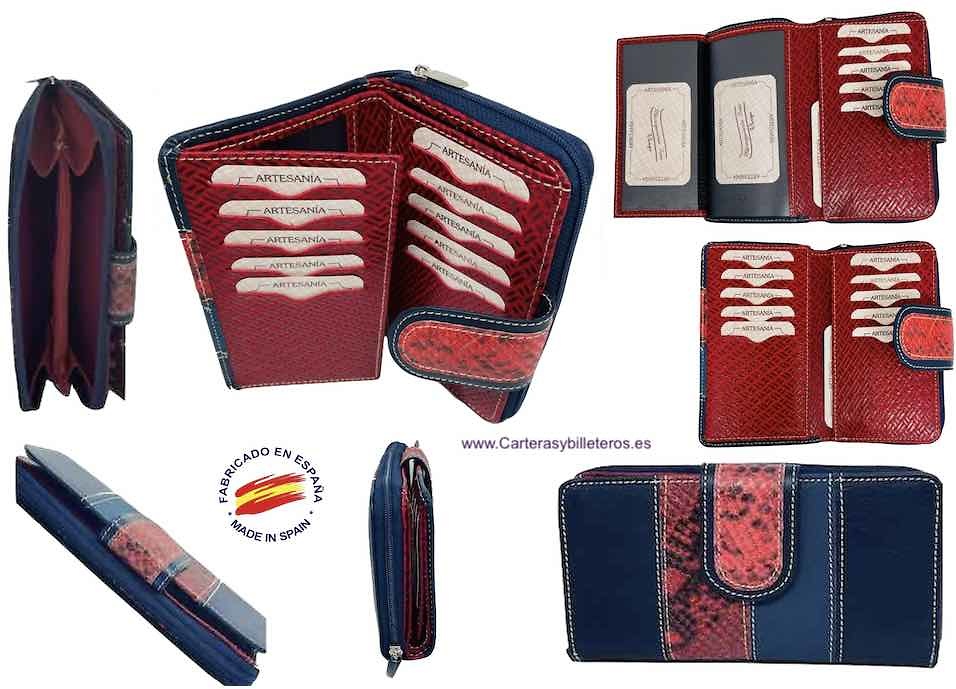 WOMEN'S CARD WALLET WITH LEATHER ZIPPER PURSE MADE IN SPAIN 