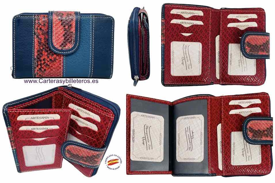 WOMEN'S CARD WALLET WITH LEATHER ZIPPER PURSE MADE IN SPAIN 