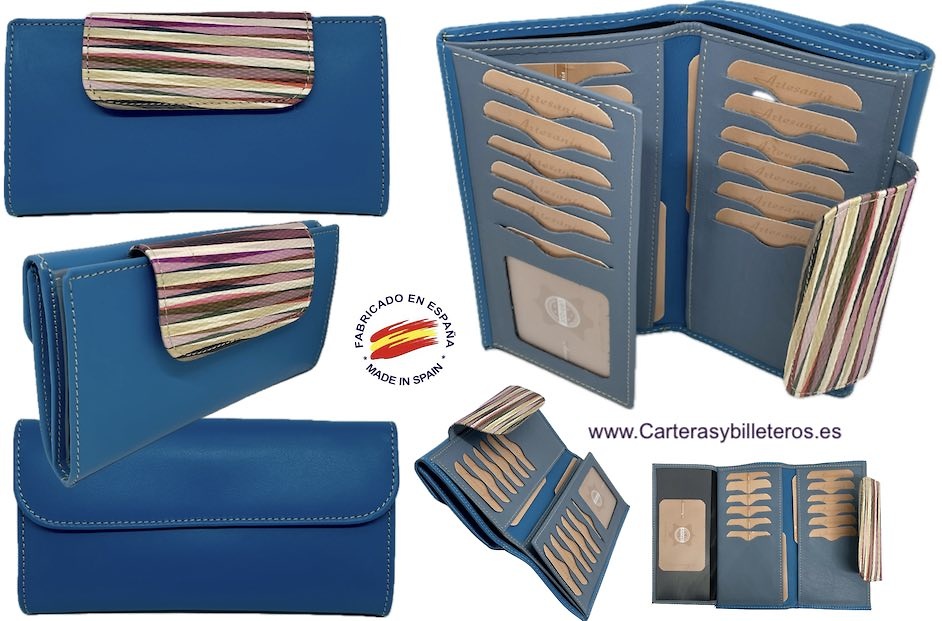 WOMEN'S LARGE BLUE LEATHER WALLET WITH COLOURED CLASP FASTENING 