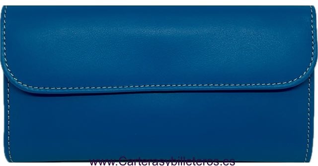 WOMEN'S LARGE BLUE LEATHER WALLET WITH COLOURED CLASP FASTENING 