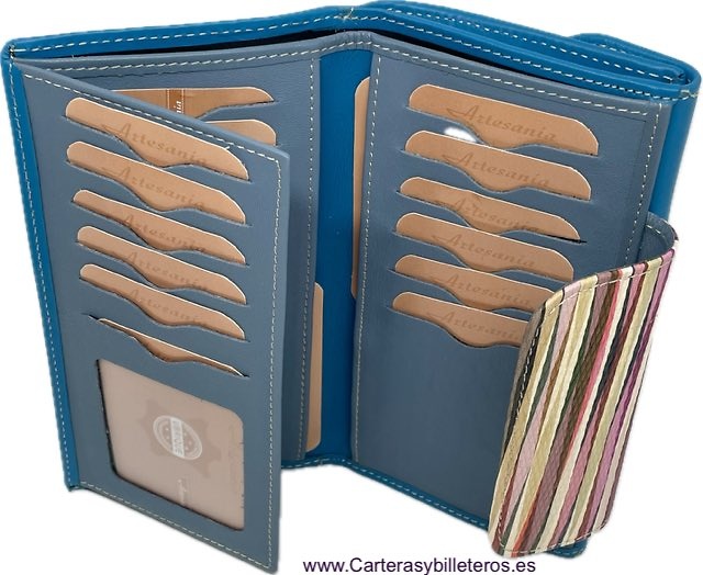 WOMEN'S LARGE BLUE LEATHER WALLET WITH COLOURED CLASP FASTENING 