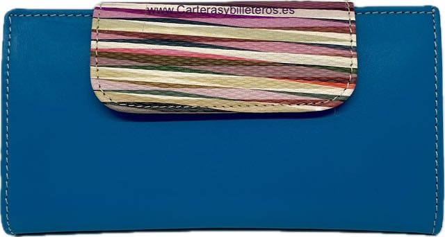 WOMEN'S LARGE BLUE LEATHER WALLET WITH COLOURED CLASP FASTENING 