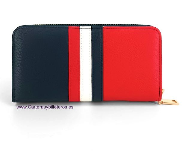 WOMEN'S LARGE DOUBLE PURSE BLUE RED WHITE WITH GOLD ZIP FASTENING 