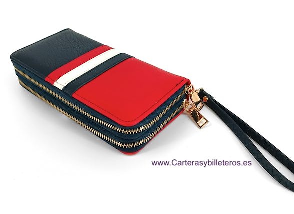 WOMEN'S LARGE DOUBLE PURSE BLUE RED WHITE WITH GOLD ZIP FASTENING 