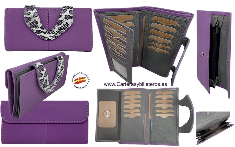 WOMEN'S LARGE MAUVE LEATHER WALLET WITH SNAKE CLASP CLOSURE 