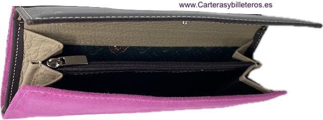 WOMEN'S LARGE WALLET IN COWHIDE AND SUEDE WITH SILVER EMBELLISHMENT 6 COLORS 