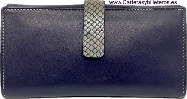 WOMEN'S LARGE WALLET IN UBRIQUE LUXURY NAVY LEATHER WITH SNAKE CLASP CLOSURE 