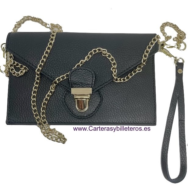 WOMEN'S LEATHER ENVELOPE BAG WITH SHOULDER CHAIN AND HANDLE 