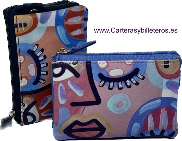 WOMEN'S LEATHER PURSE PAINTED CUBIST PAINTING WITH THREE COMPARTMENTS 