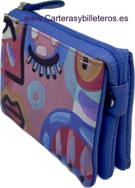 WOMEN'S LEATHER PURSE PAINTED CUBIST PAINTING WITH THREE COMPARTMENTS 