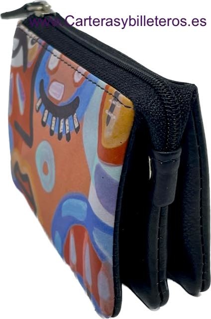 WOMEN'S LEATHER PURSE PAINTED CUBIST PAINTING WITH THREE COMPARTMENTS 