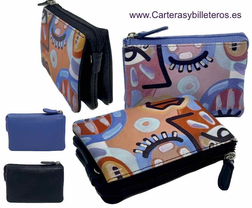 WOMEN'S LEATHER PURSE PAINTED CUBIST PAINTING WITH THREE COMPARTMENTS 