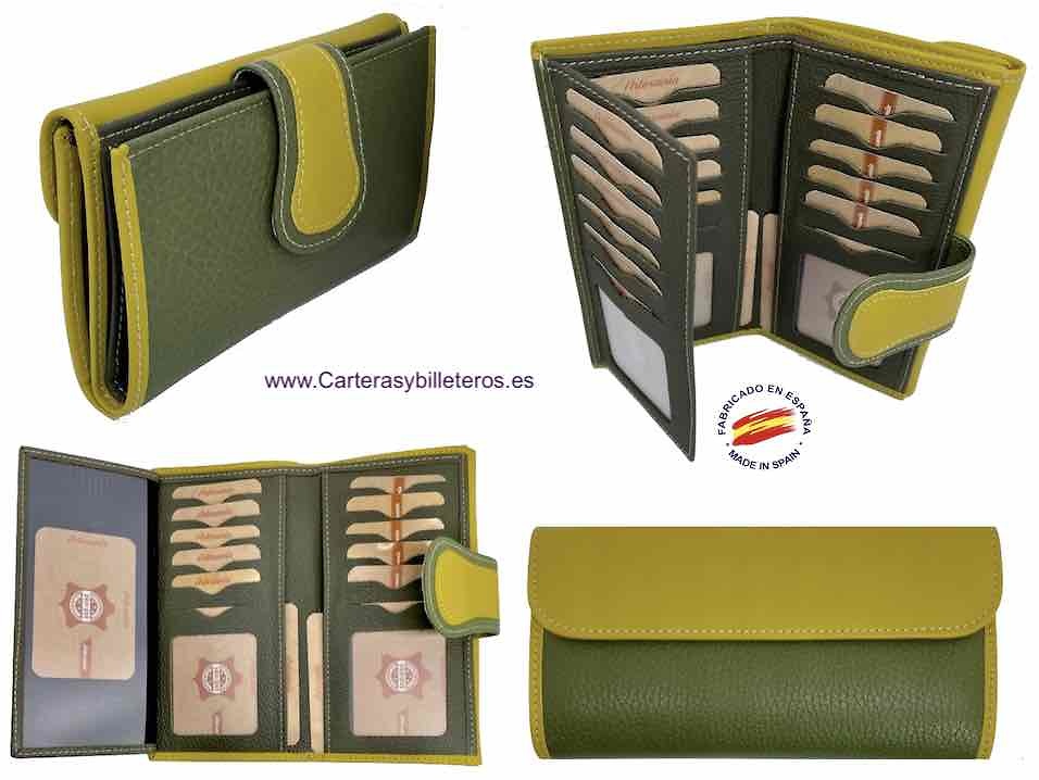 WOMEN'S LEATHER WALLET UBRIQUE LARGE IN GREEN AND LEMON GREEN 