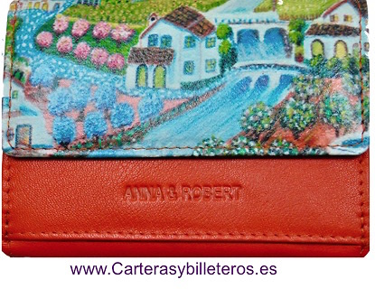 WOMEN'S LEATHER WALLET WITH COIN PURSE WITH BALINESE FLOWER PAINTING 