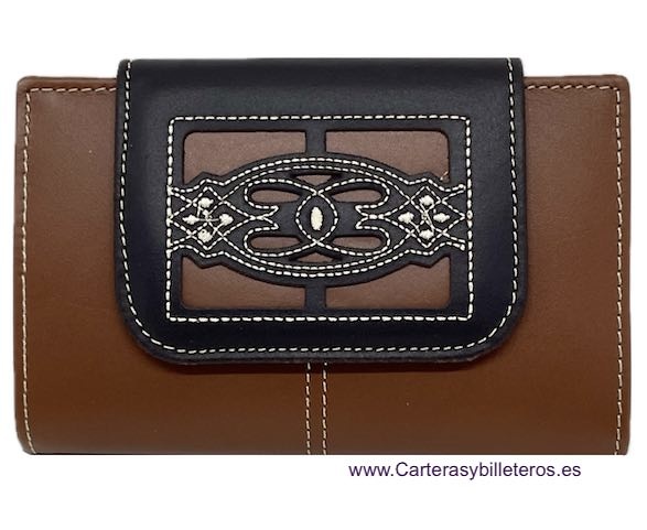 WOMEN'S LEATHER WALLET WITH LEATHER CLASP UBRIQUE EMBROIDERED SEVILLA 