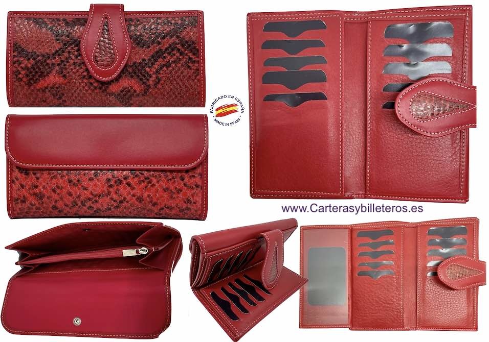 WOMEN'S LEATHER WALLET WITH RED PURSE MADE IN SPAIN GREAT CAPACITY 