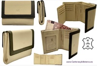 ELEGANT WOMEN'S PURSE WITH WALLET, BILLFOLD AND CARD HOLDER IN BEIGE AND BLACK LEATHER