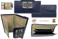 LARGE NAVY BLUE WOMEN'S LEATHER WALLET WITH EMBROIDERED LEATHER FASTENER