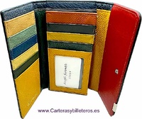 LARGE WOMEN'S LEATHER WALLET PATHWORK EXTERIOR WITH FLAP CLOSURE