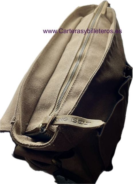 BOLSO DE LONA EXTRA FUERTE CON ASA BANDOLERA Y BOLSILLOS CON CORREAS DE CUERO 