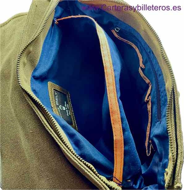 BOLSO DE LONA EXTRA FUERTE CON ASA BANDOLERA Y BOLSILLOS CON CORREAS DE CUERO 