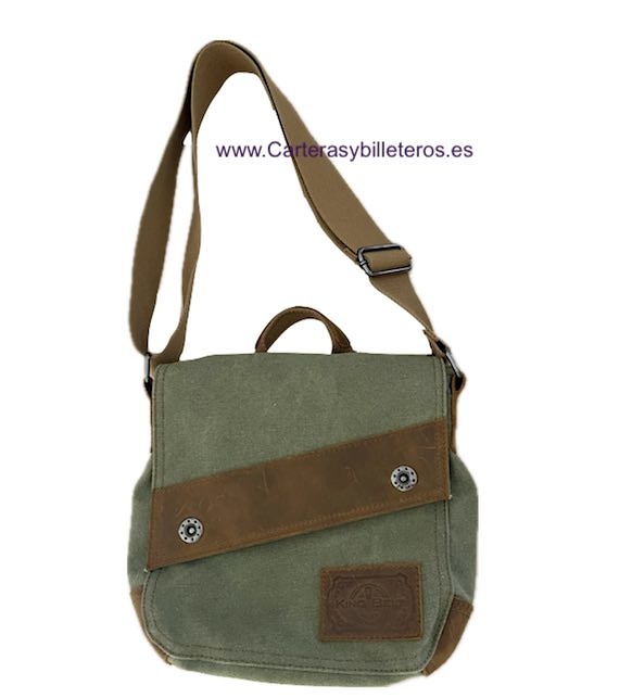 BOLSO DE LONA EXTRAFUERTE Y CUERO LEGÍTIMO CON BANDOLERÁ ANCHA, ASA DE MANO Y 7 BOLSILLOS 