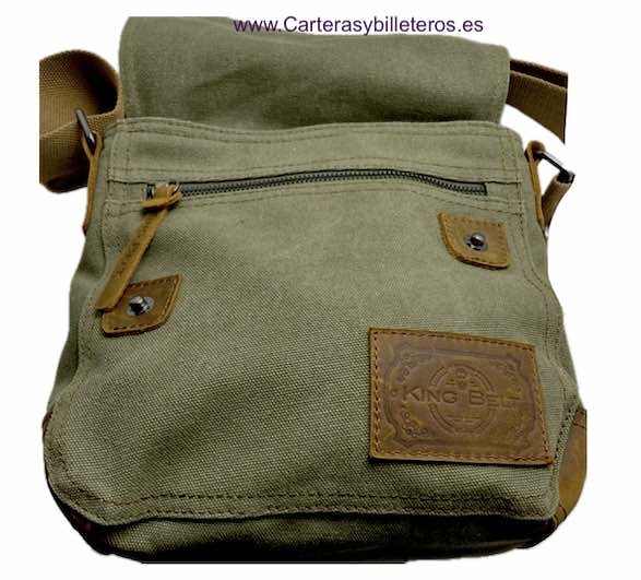 BOLSO DE LONA EXTRAFUERTE Y CUERO LEGÍTIMO CON BANDOLERÁ ANCHA, ASA DE MANO Y 7 BOLSILLOS 