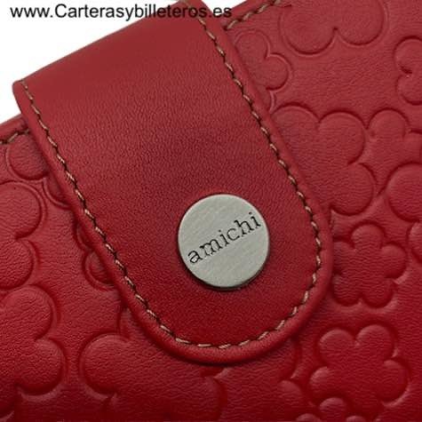 CARTERA AMICHI DE MUJER DE PIEL LUXURY ROJA CON GRABADOS DE FLORES AMICHI GRANDE 